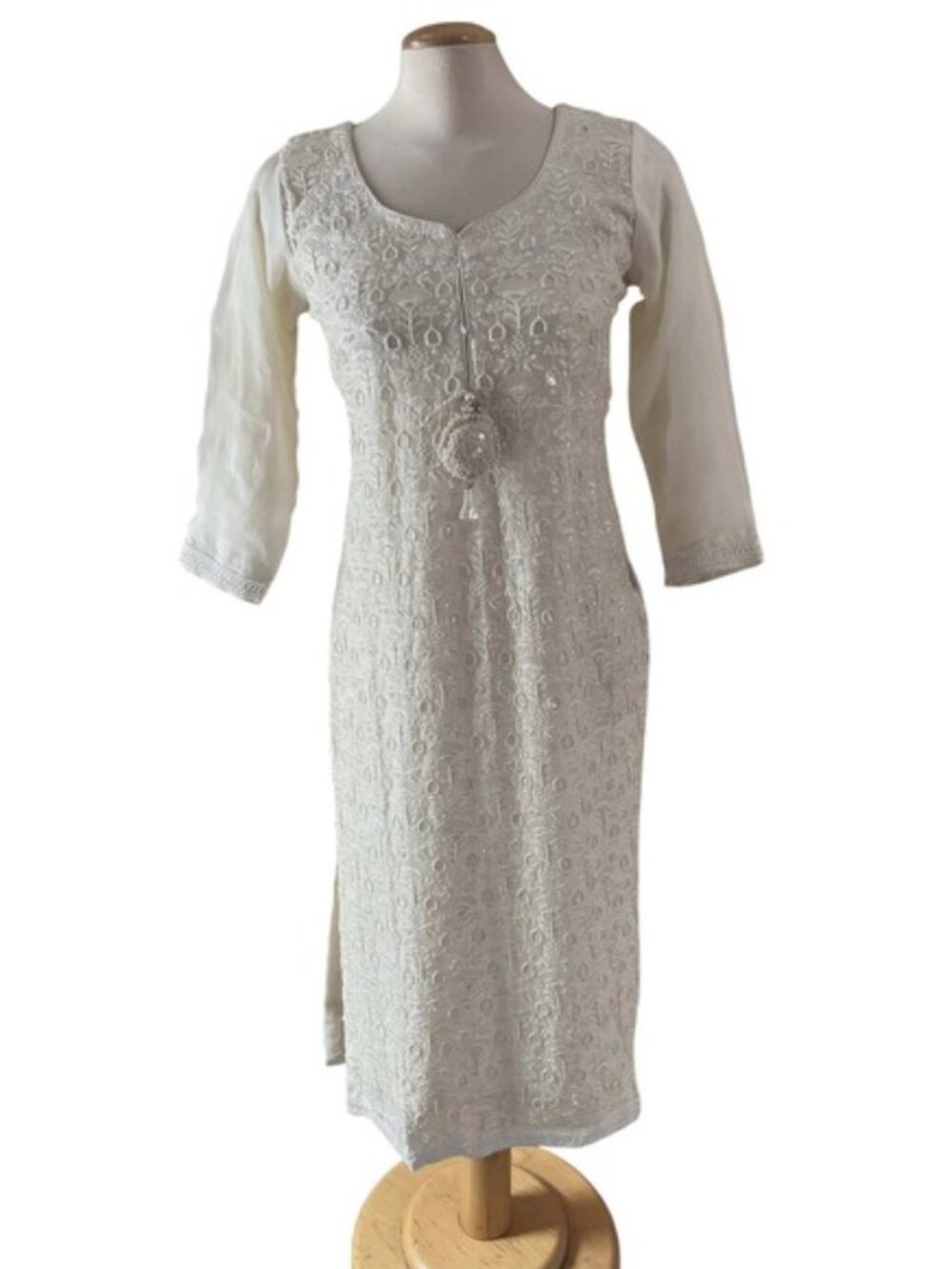 Ivory Chikankari Embroidered Kurta Tunic with Sequin Accents and Pearl Tassels